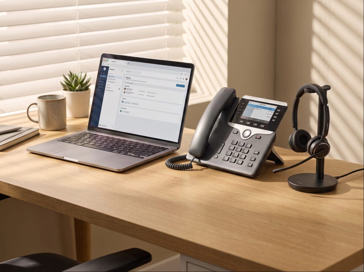 An office desk phone and headset next to a laptop showing a call dashboard