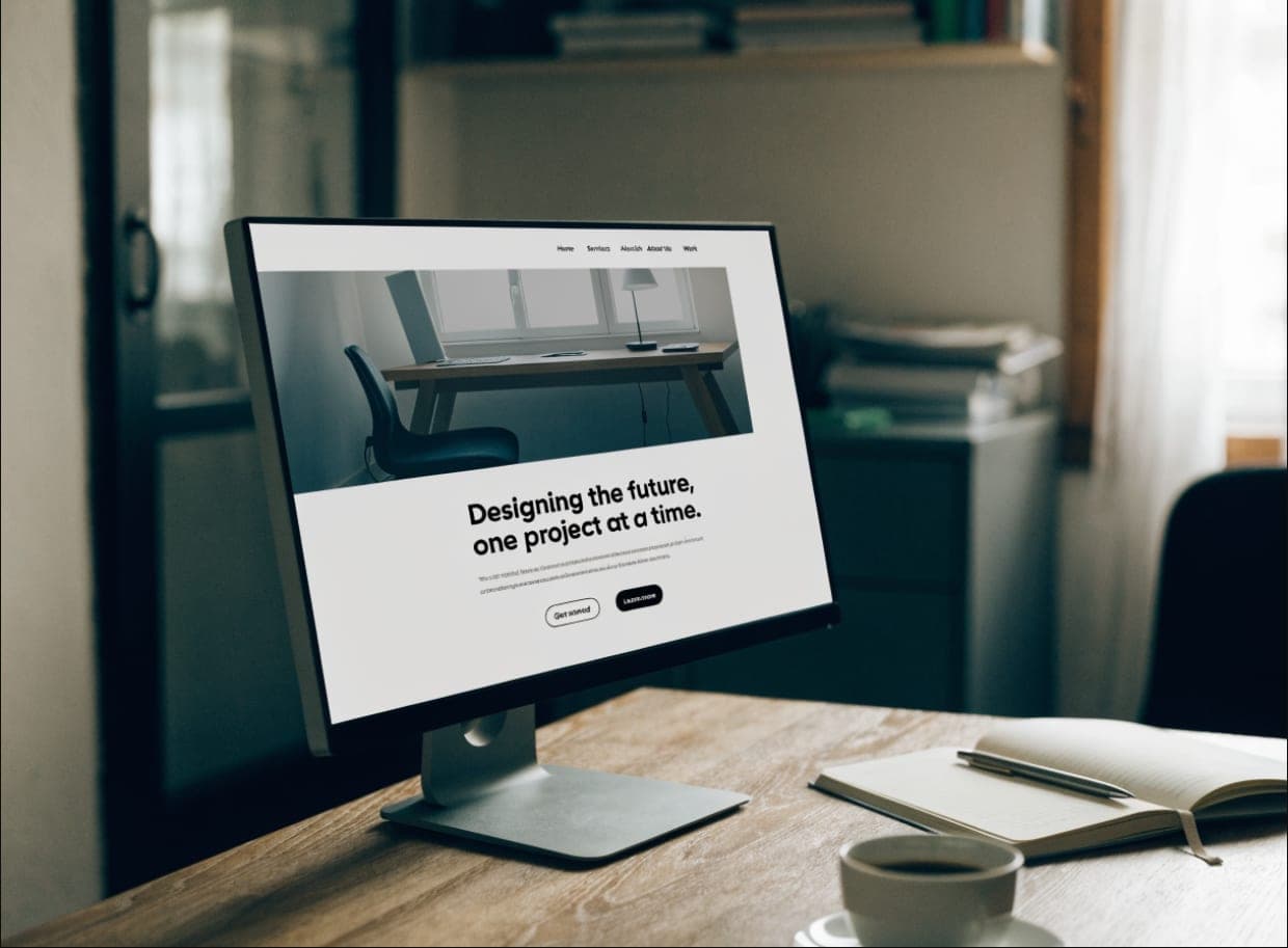 A modern desktop monitor on a wooden desk displaying a custom-built business website