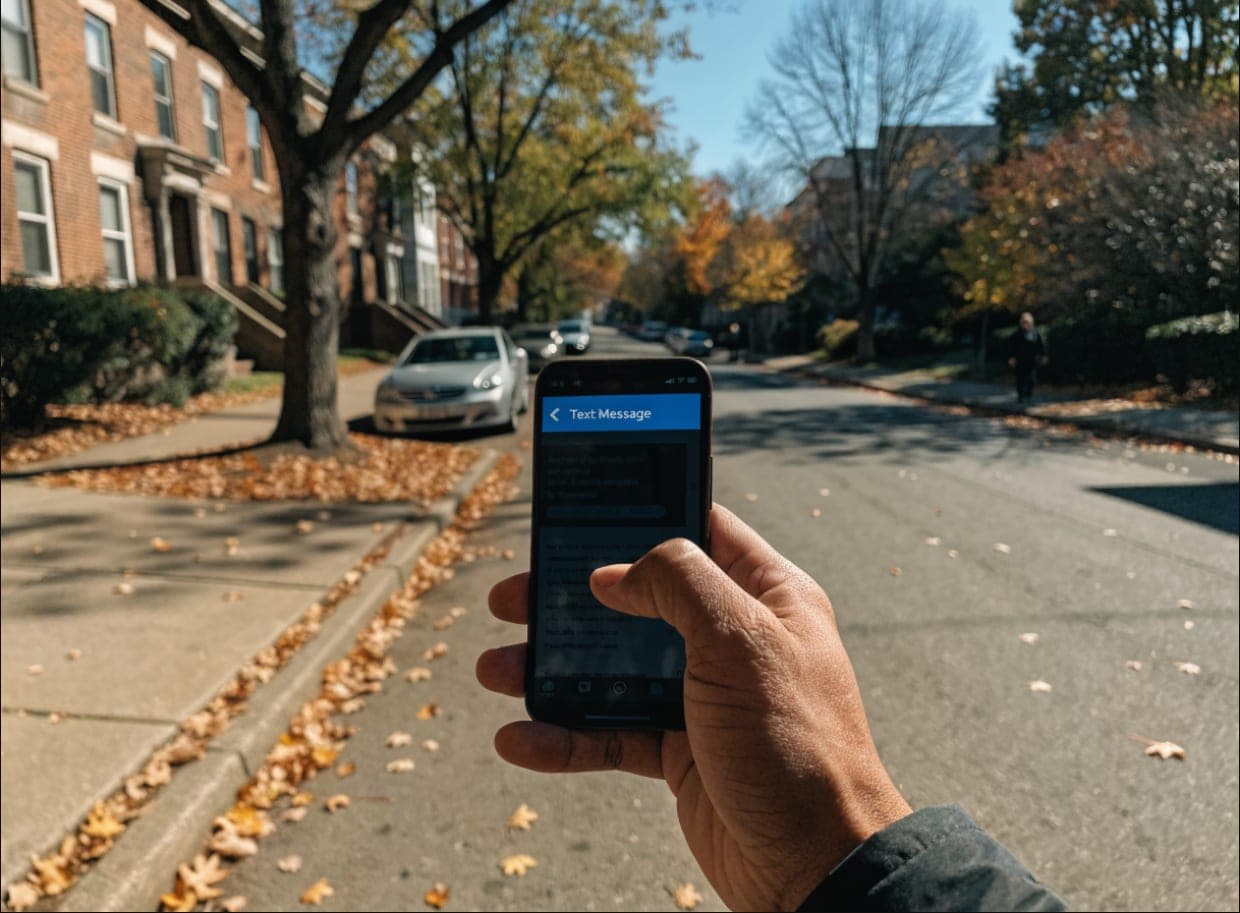 A hand holding a phone outdoors in autumn showing a text message notification