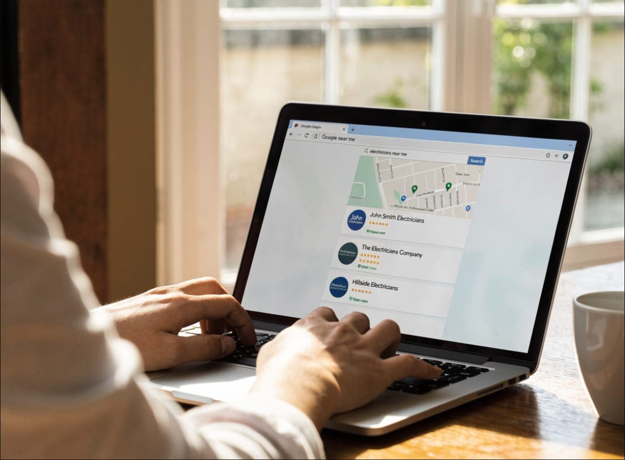 A laptop showing a Google search for electricians near me, with a map and local business listings