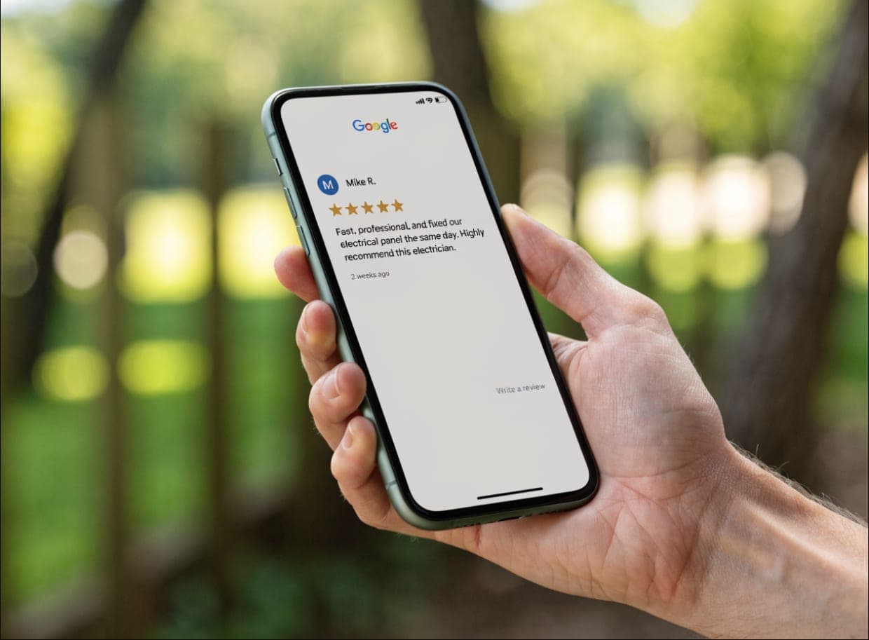 A phone showing a five-star Google review for an electrician
